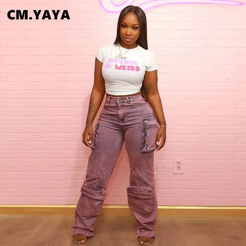 CM.YAYA Women Tie Dye Washed Wide Leg Multi Pocket Cargo Jeans 2024 Fashion Street Safari Style Denim Pants Trousers