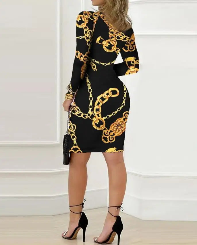 Dresses for Women 2023 Vintage Plunge Long Sleeve Wedding Guest Baroque Chain Print Twist Detail Skinny Sexy Party Mini Dress