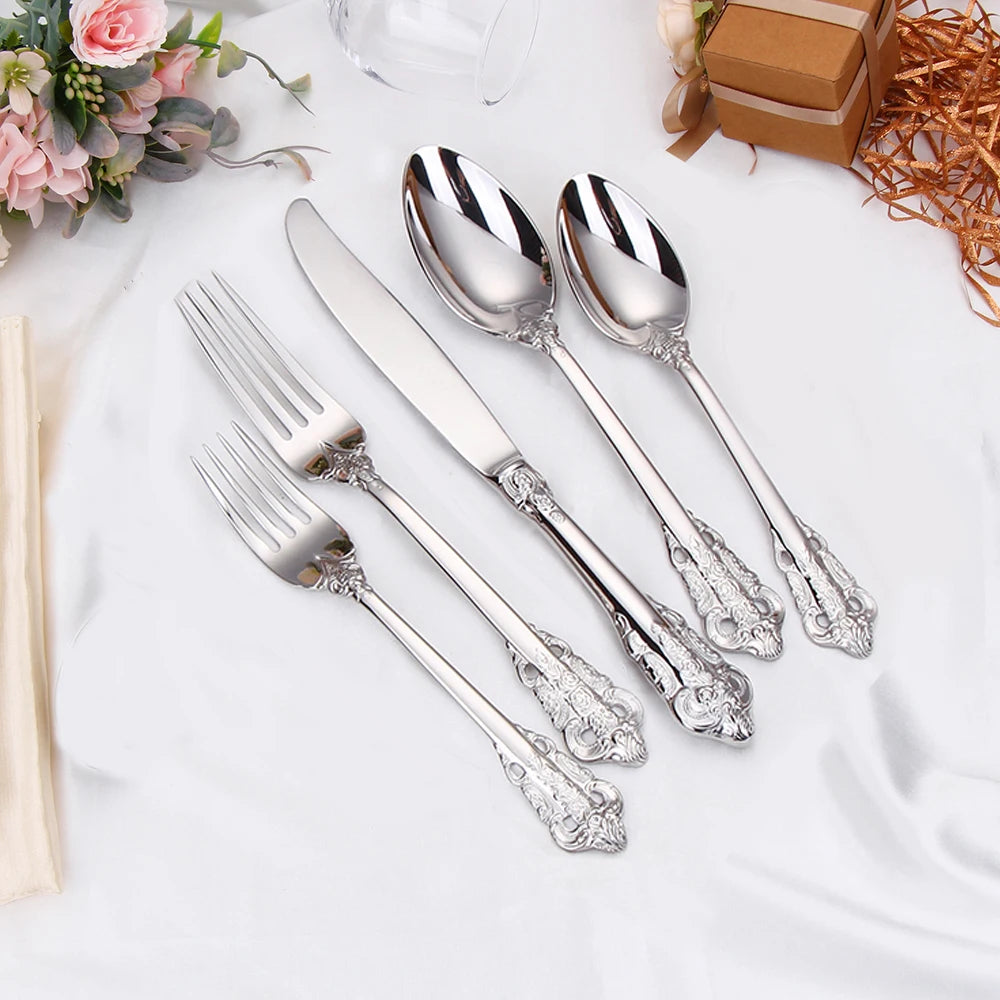 304 stainless steel Gold Cutlery Set Vintage Western Dinnerware Luxury Tableware Engraving Forks Knive Spoons Sliverware