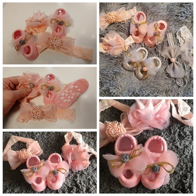 3Pcs/Set Lace Flower Baby Girl Headband Socks Set Crown Bows Newborn Hair Band Foot Socks Photo Props for Baby Hair Accessories