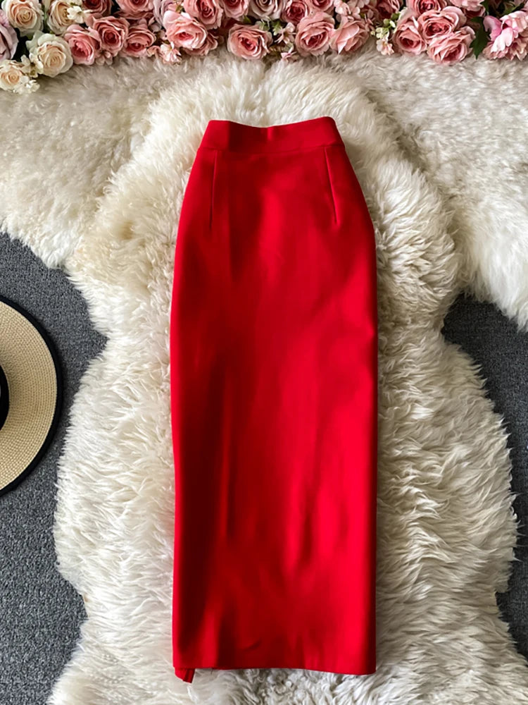 Office Lady Red/Black Pencil Skirt Women Elegant High Waist Split Faldas Female Casual Slim Bodycon Saias OL Autumn New Fashion