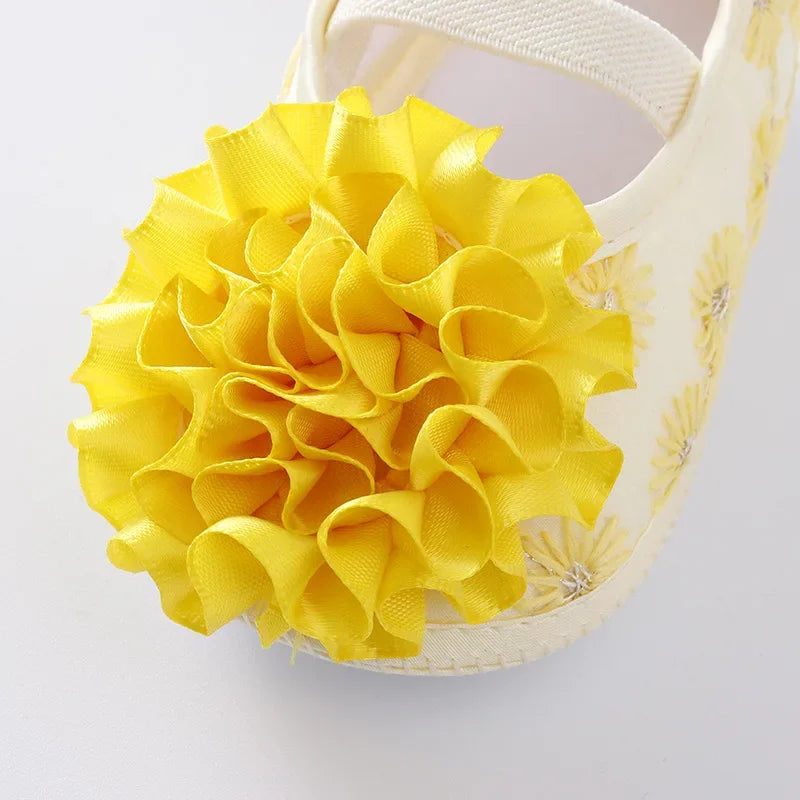 Spring Infant Baby Girl Shoes Newborn Lace Flowers Headband Anti-Slip Soft Sole First Walkers Toddler Kids Cotton Baptism Shoes