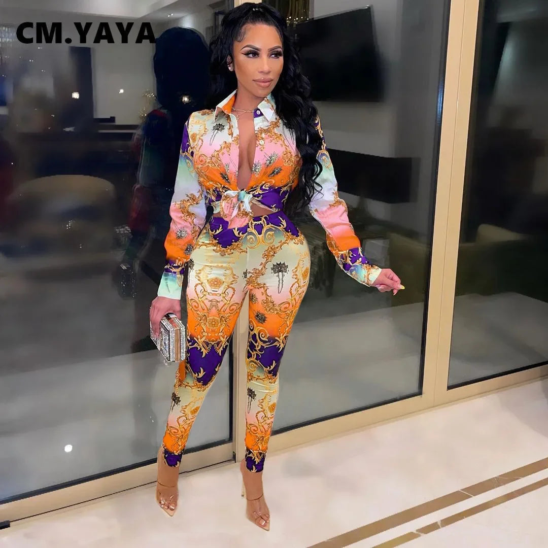 CM.YAYA Women Paisley Two 2 Piece Set Outfits Elegant INS Blouses Shirt Tops and Legging Pants Matching Set Vintage Tracksuit