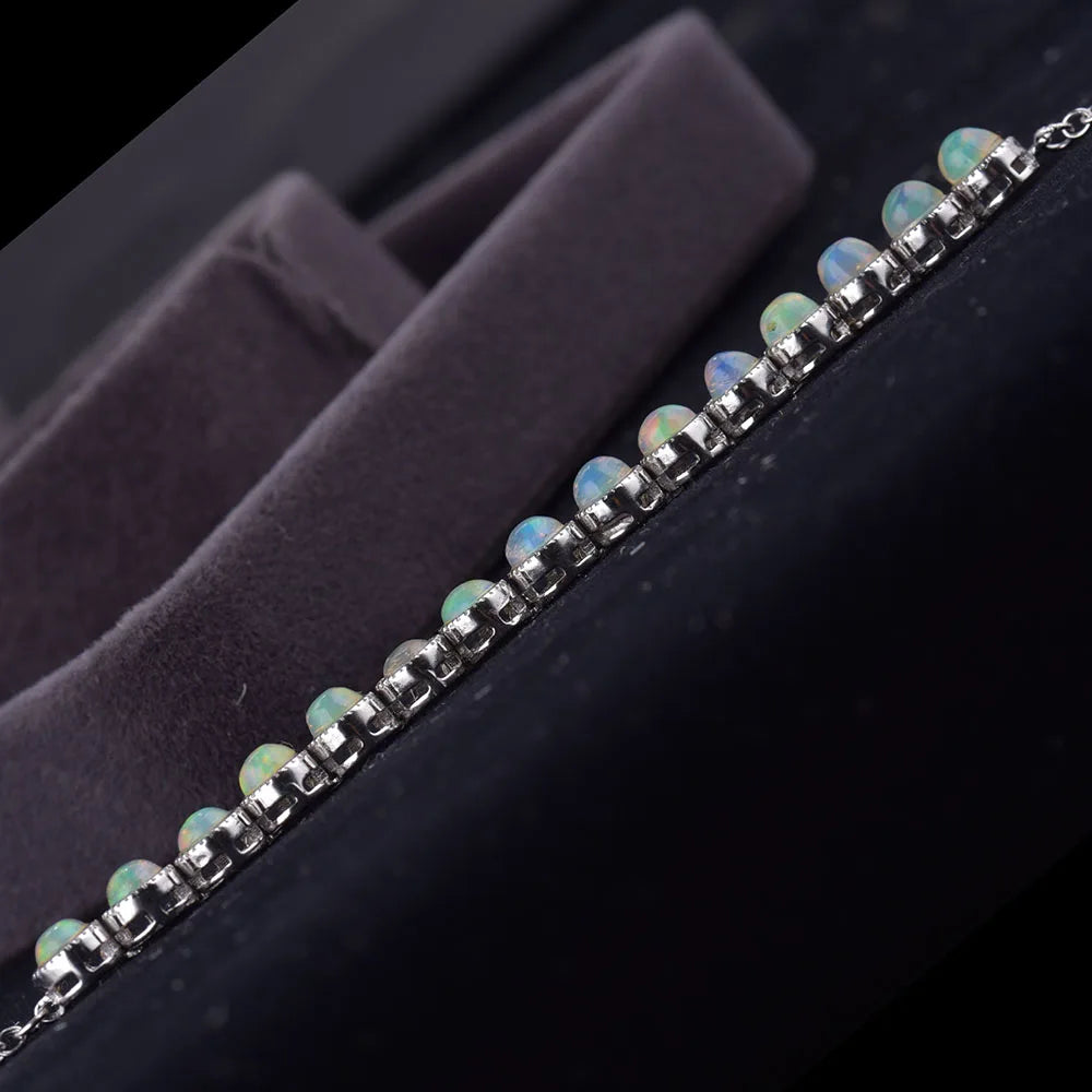 ITSMOS Natural Blue Green Opal Silver Bracelet s925 Sterling Silver Pendant Round Bangle Classic Jewelry for Women Special Gift