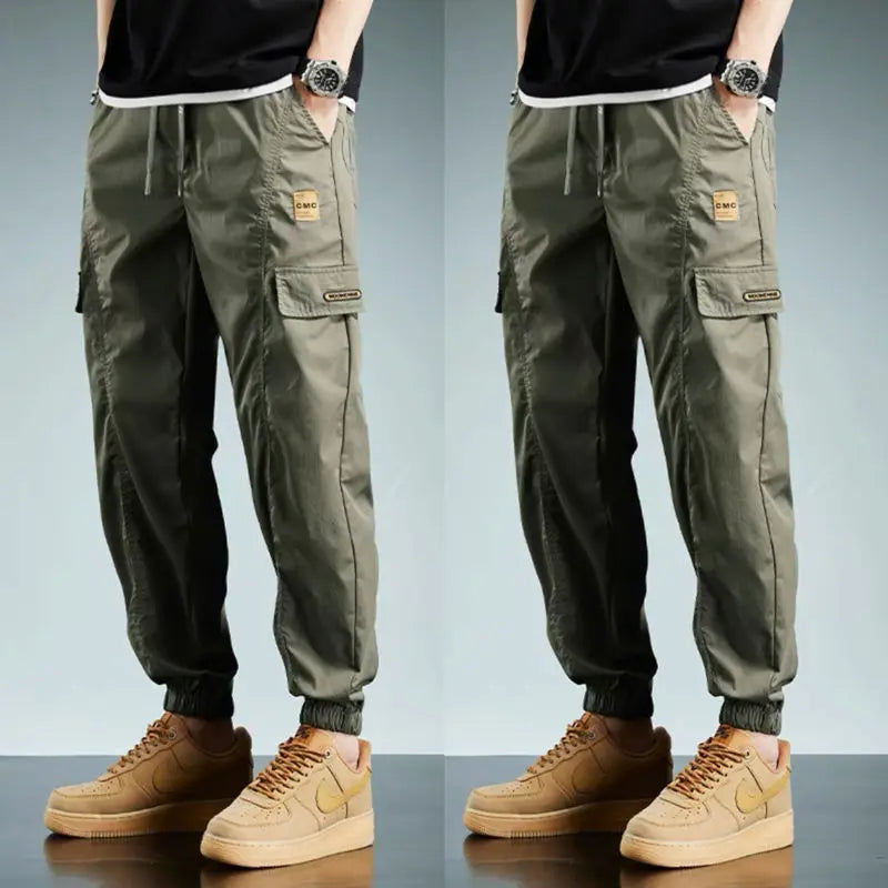 Classic Fashion Patch Multiple Pockets Men's Cargo Pants Waist Drawstring Thin Tie One's Feet Street Casual All-match Trousers