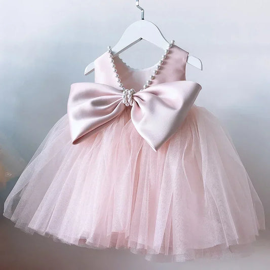 Girls Fashion Tulle Princess Dress Pink Party Kids Puffy   Evening Dresses Bow Pearl Cute Costume Birthday Photography Gown