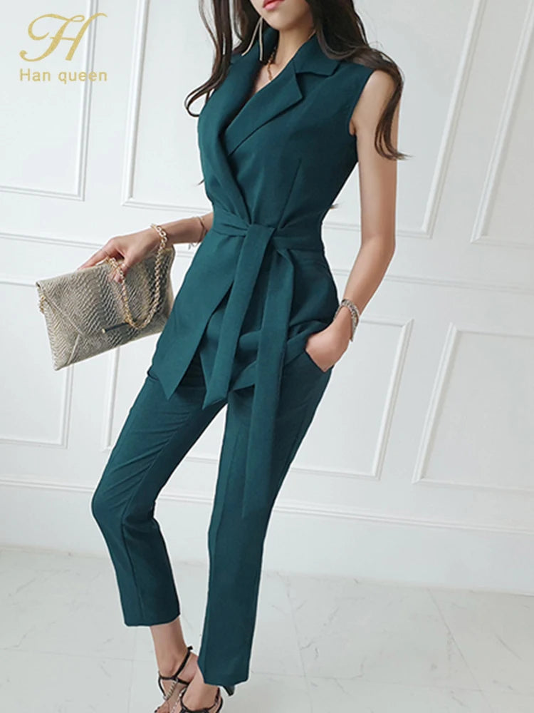 H Han Queen Summer New Occupation 2-Piece Suits Women 2022 Elegant Suit Vest Top & Simple Long Pants Korean OL Casual Work Set