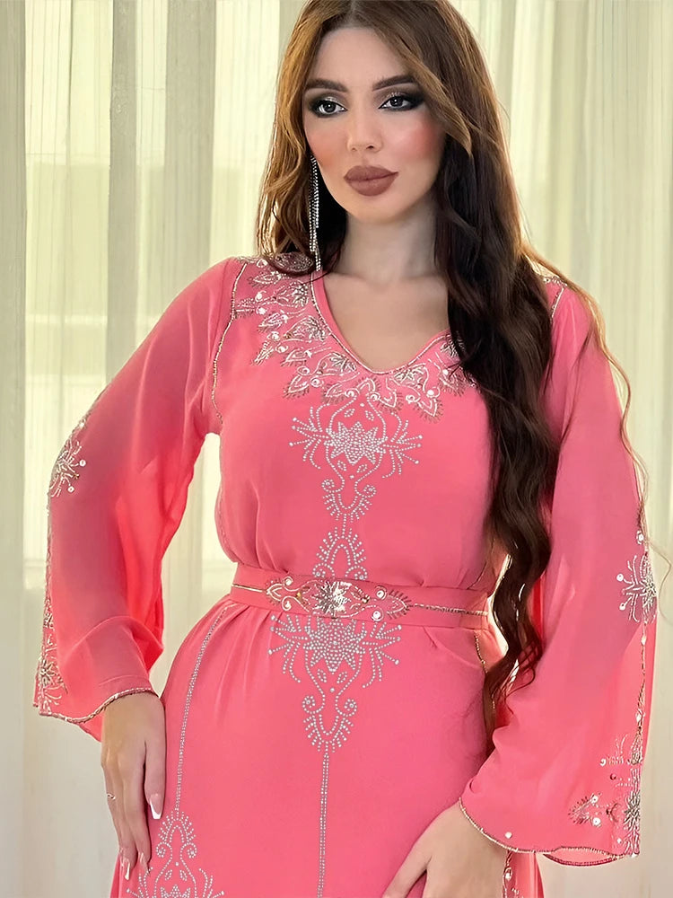 Eid Jalabiya Muslim Abaya Party Dress for Women Arab Diamond Lace-up Abayas Long Dresses Robe Woman Elegant Ramadan Vestidos