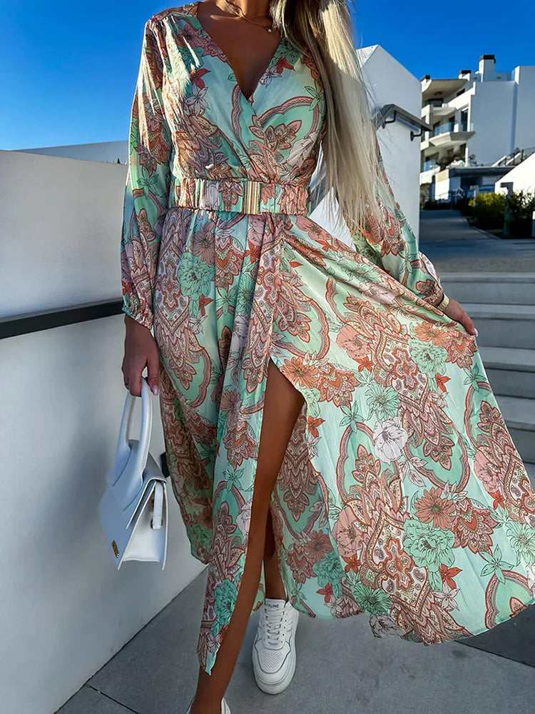 Spring Summer Women Belt Party Dress Printing Long Sleeve V-Neck Fashion Elegant Split Dress 2023 Loungewear Slim Fit Streetwear