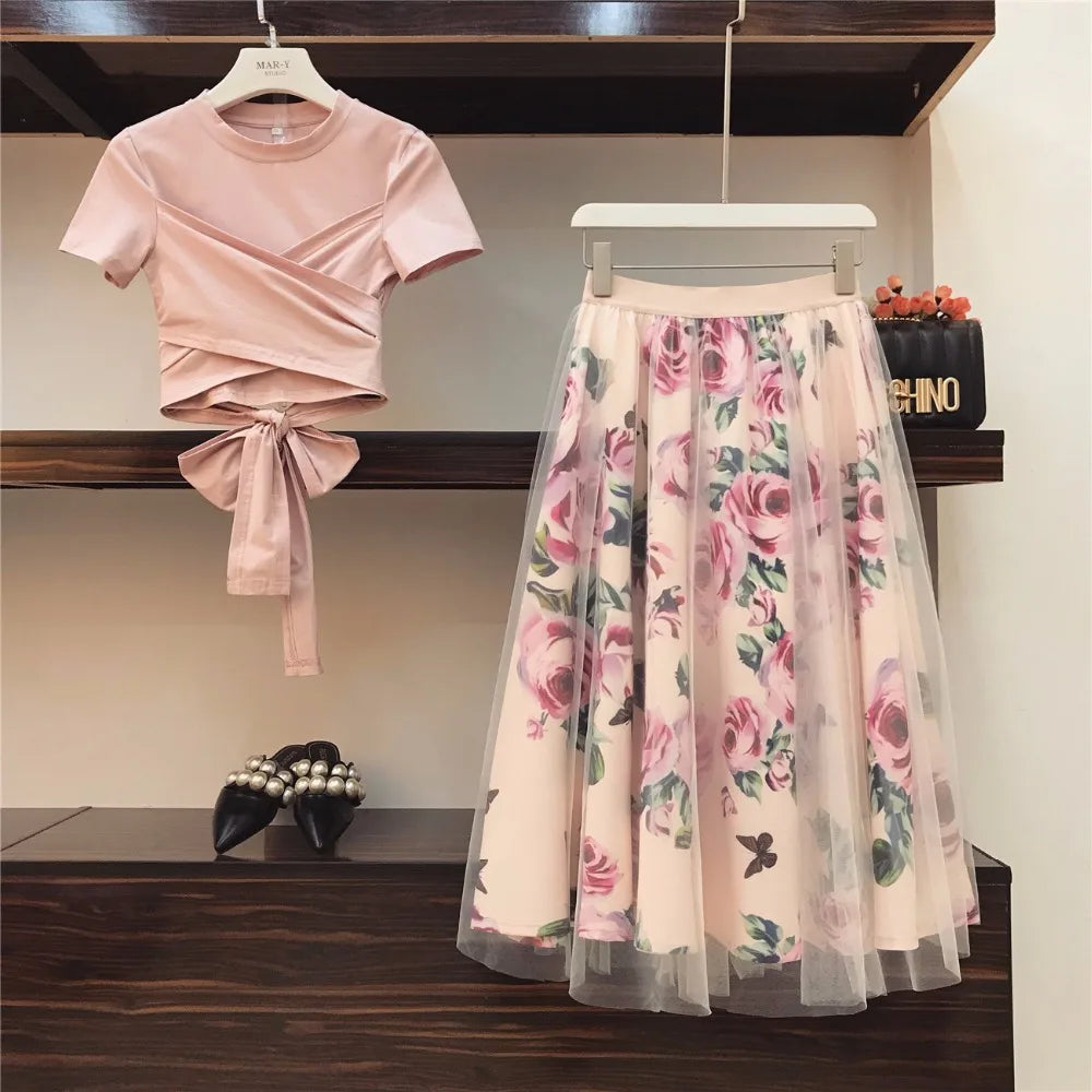 Women's Irregular T-shirt + Mesh Skirt Set Bowknot Solid Color Top Retro Floral Skirt Set