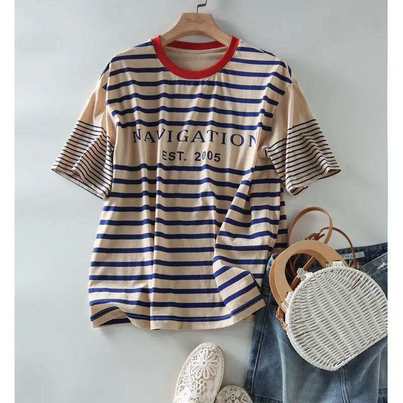 Spring Summer New O-Neck Letter Printing Short Sleeve Cotton Striped T-shirt Women's Clothing Loose Fashion Casual Tops