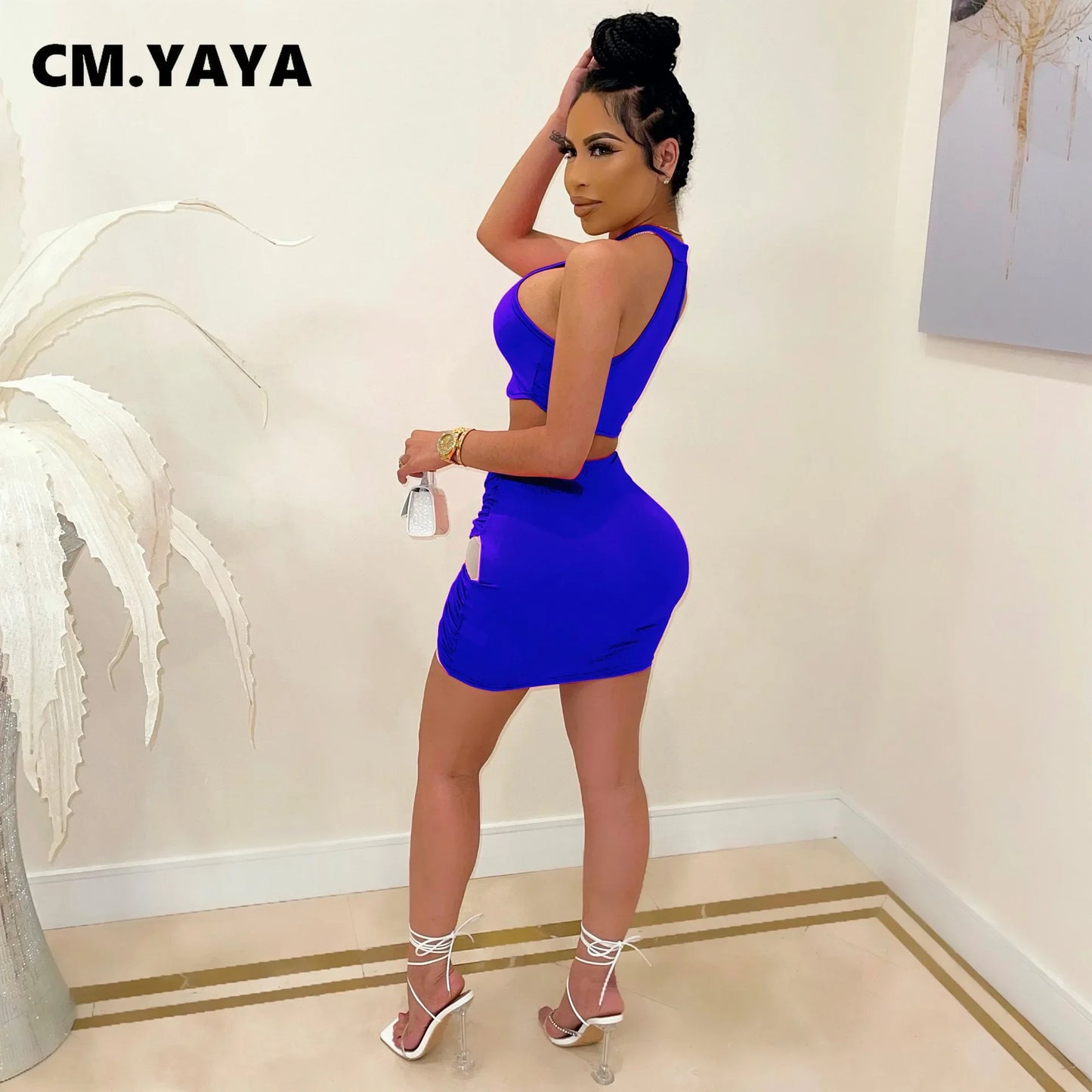 CM.YAYA Summer Mesh Partchwork Women's Set Crop Tops and Midi Mini Skirts Set Matching Two 2 Piece Set Tracksuit