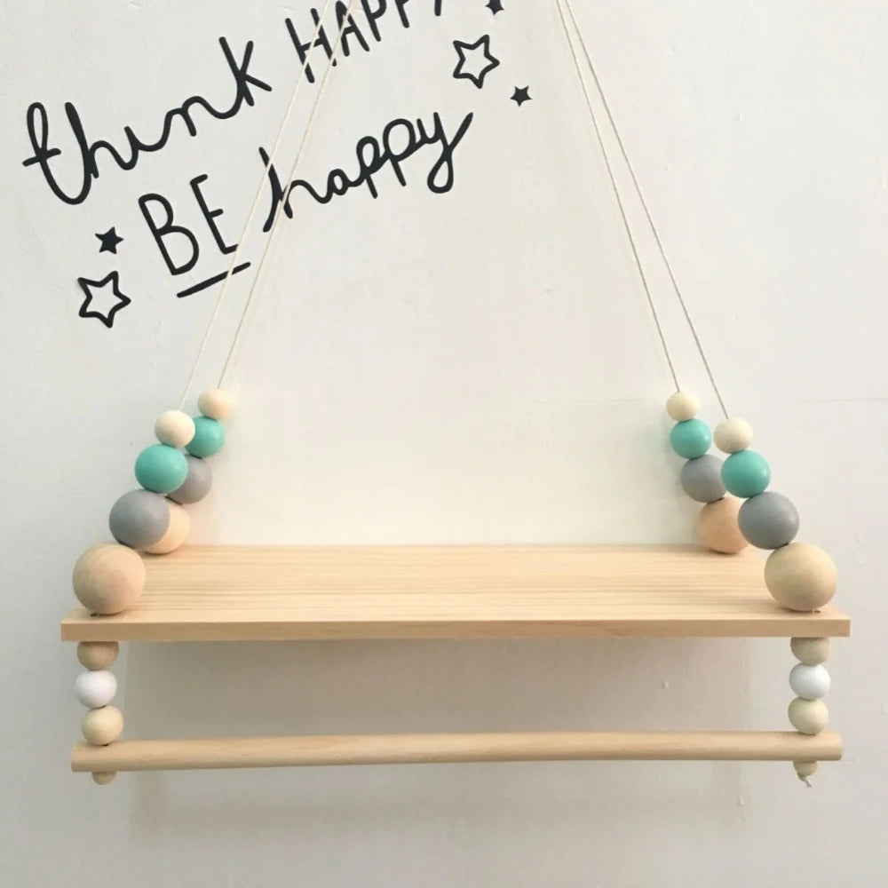 Wooden Beads Wall Hanging Shelf Swing Rope Floating Shelves Display Storage Rack Decor For Home Office Cafe Kid Room