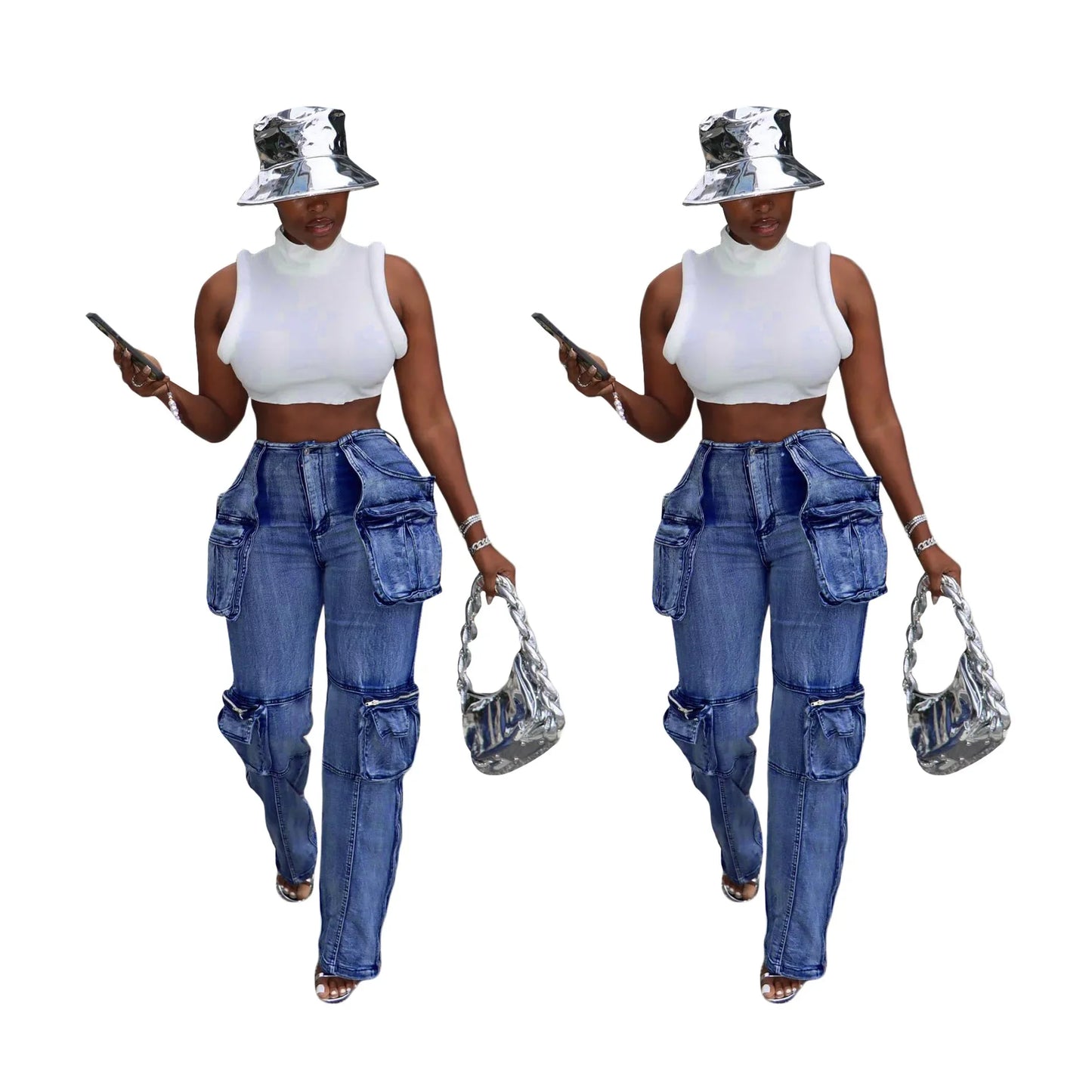 Washed Women Denim Cargo Pants with Pockets High Waist Zipper Fly Straight Jeans 2024 Spring New Chic Streetwear Bottoms Outfits