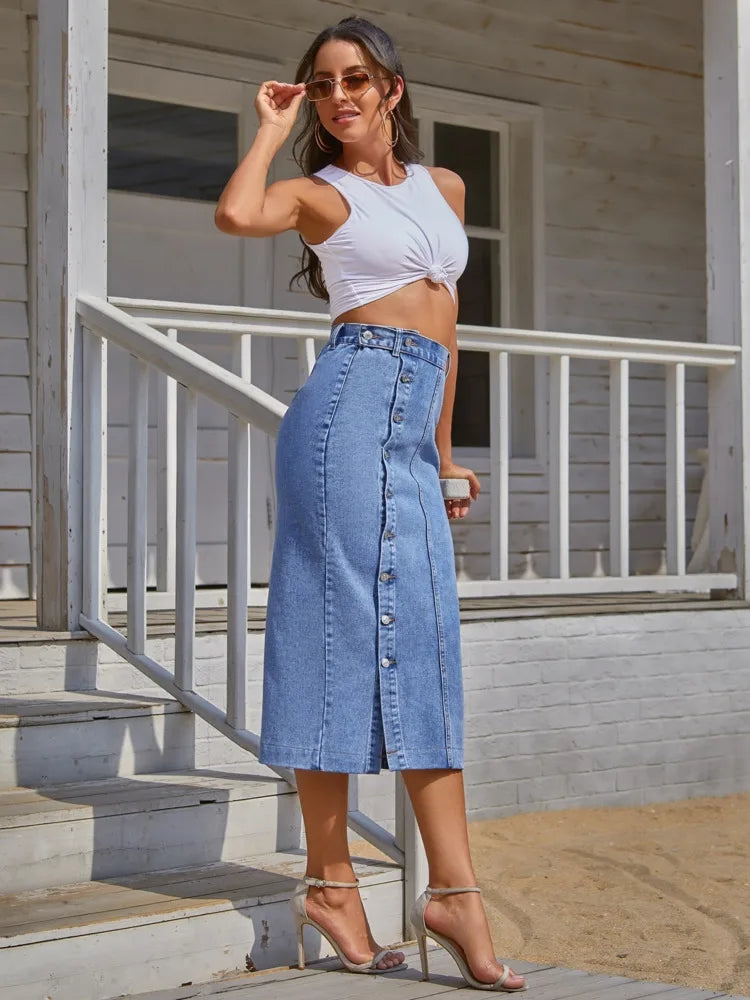 Button Front Longline Denim Skirt Retro Long Summer Denim Skirts Girls High Waist Split Jeans Straight Maxi Denim Skirts