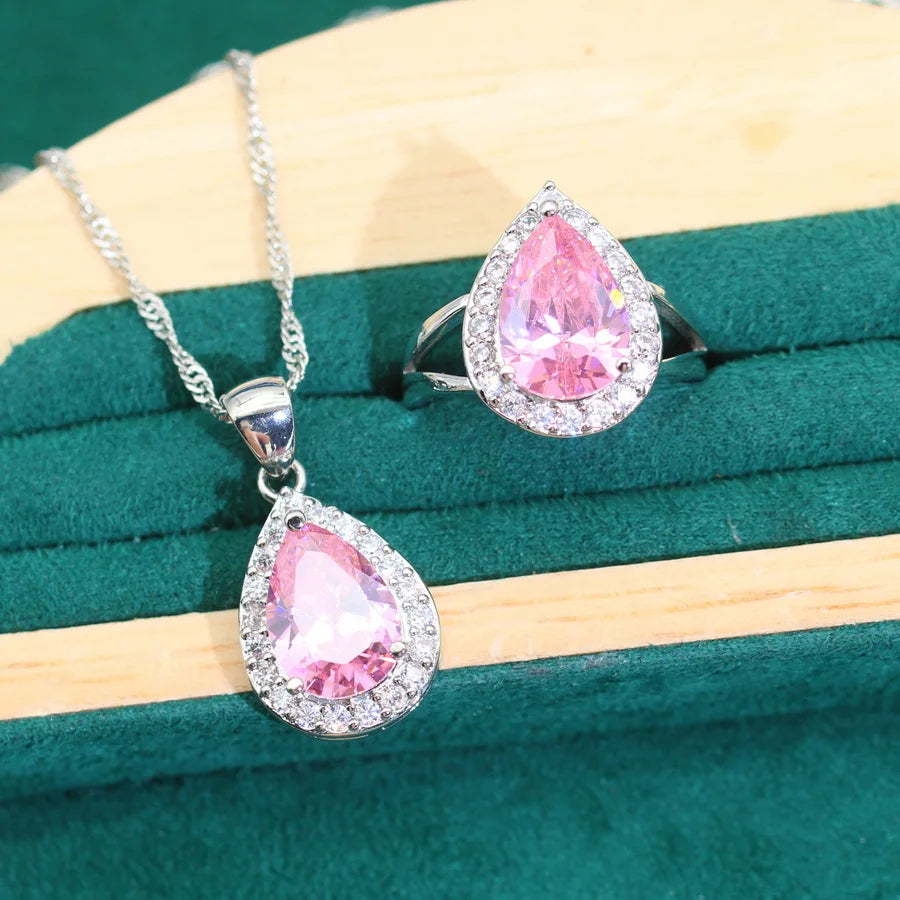 Sweet Pink Zircon Wedding Silver 925 Necklace Jewelry Sets Women Earrings Pendant Ring Bracelet New Year Gift