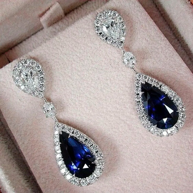 Fashion Jewelry Ladies Blue White Water Drop Shaped Crystal Rhinestone Zircon Metal Dangle Earring for Women Party Jewelry