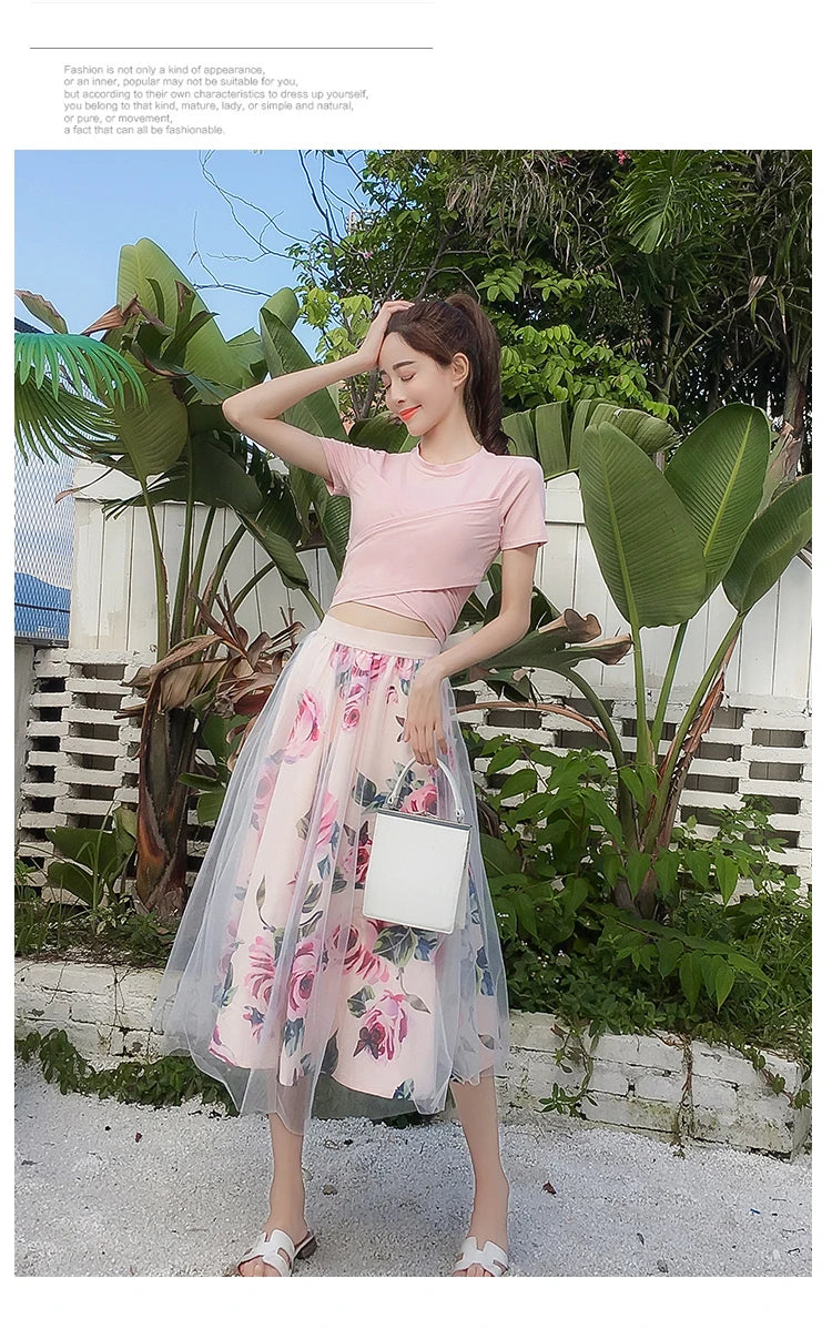 Women's Irregular T-shirt + Mesh Skirt Set Bowknot Solid Color Top Retro Floral Skirt Set