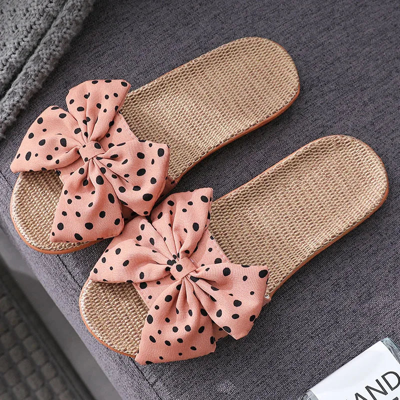 Summer Women Slippers Home Female Bowknot Flax Slippers Linen Flip Flops Bohemia Beach Sandals Slipper Chaussure Femme