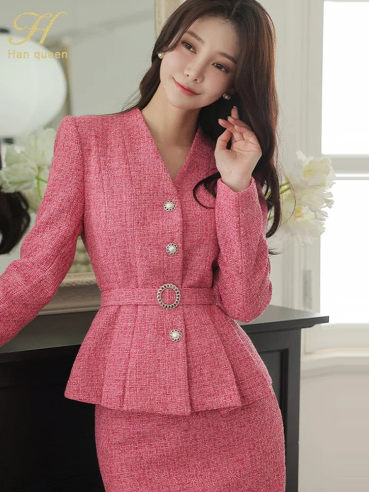 H Han Queen 2023 Winner Professional Wear 2-Piece Sets V-Neck Jacket Top +Fashion Sheath Pencil Skirt Casual Women Suits Skirts