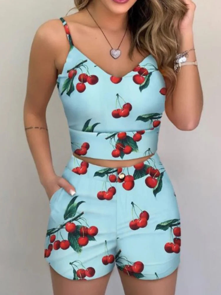 Print Spaghetti Strap Crop Top & Short Sets Casual Summer 2 Piece Outfits for Women