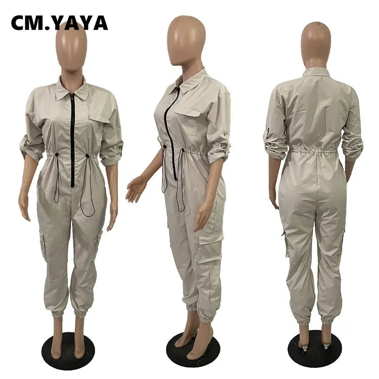 CM.YAYA Women Safari Style Short Sleeve Zipper Fly Pocket Side INS Zipper Fly Jumpsuit Fashion Casual One Piece Suit Playsuit