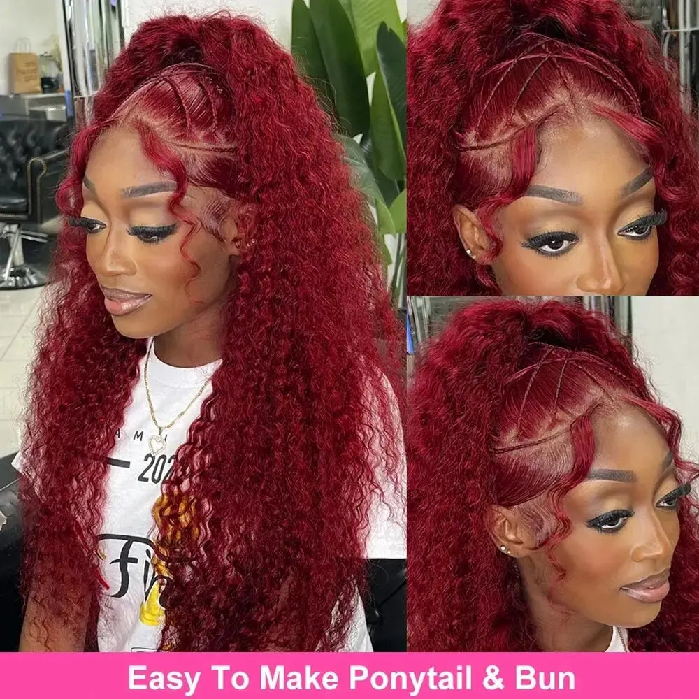 250 Density 30 40 Inch 99J Burgundy Deep Wave 13x4 Lace Front Human Hair Wig 13x6 Lace Frontal Red Curly Wigs Remy For Women