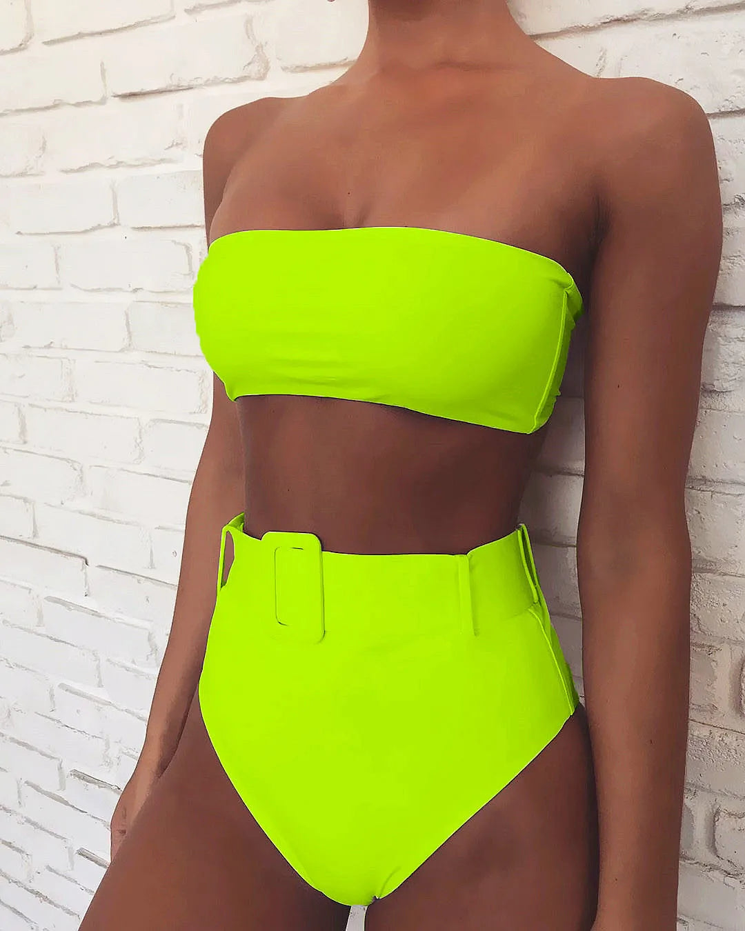 2023 Swimsuit Women Neon Green Strapless High Waist Bikini Beach Bathing Suit Waist Buckle Swimwear Maillot De Bain Femme XMB10