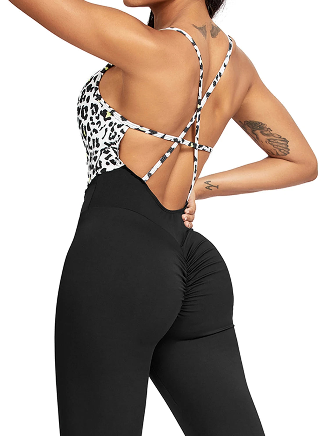 Leopard Print Jumpsuit Women's Patchwork Crisscross Backless Bodysuit Fitness Sleeveless Yoga Set Fashion Female Clothing 2023