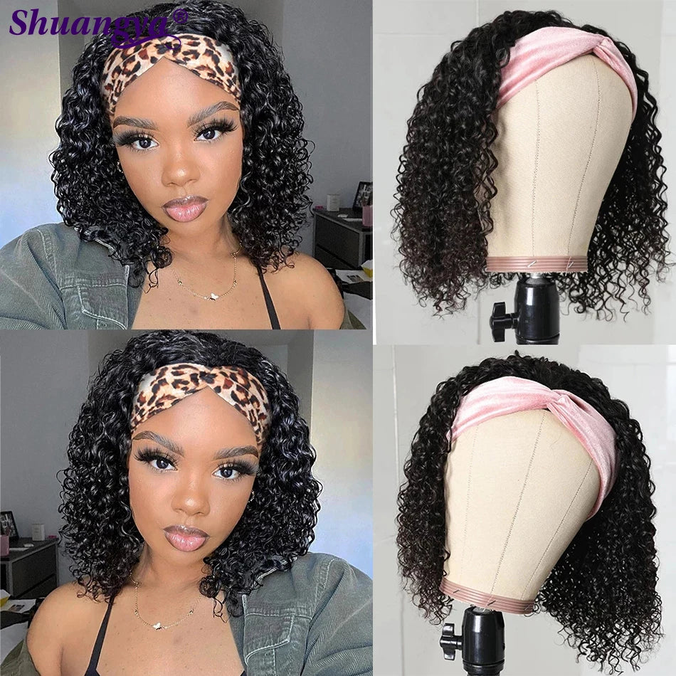 Kinky Curly Headband Wig 100% Human Hair Short Afro Kinky Curly Wig 200 Density Deep Wave Scarf Wig Indian Water Wave Scarf Wigs