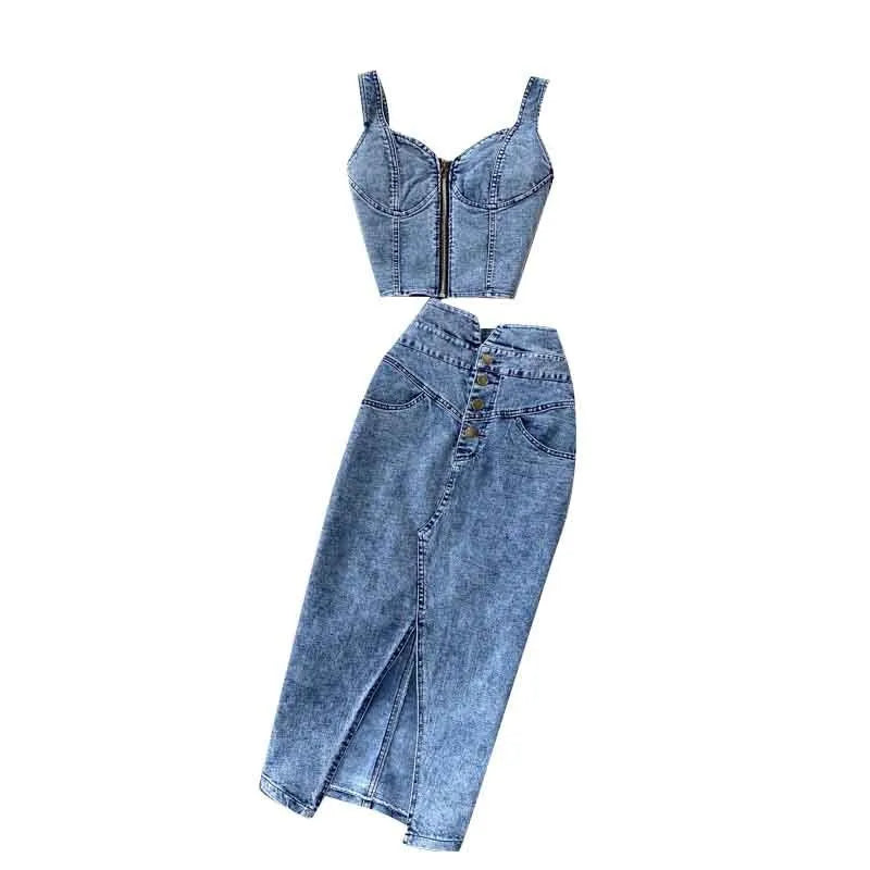 2024 Summer Women Skirt Two Piece Set Sexy V-Neck Ctopped Denim Vest High Waist Denim Skirts Korean Ladies Sleeveless Suits