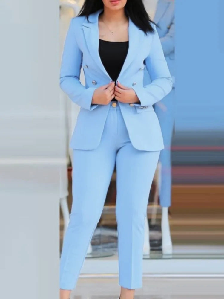 Spring Autumn Women's Solid Color Long Sleeve Suit Fashion A Button Slim-fit Wrap Buttock Pencil Pants Female Office 2 Piece Set