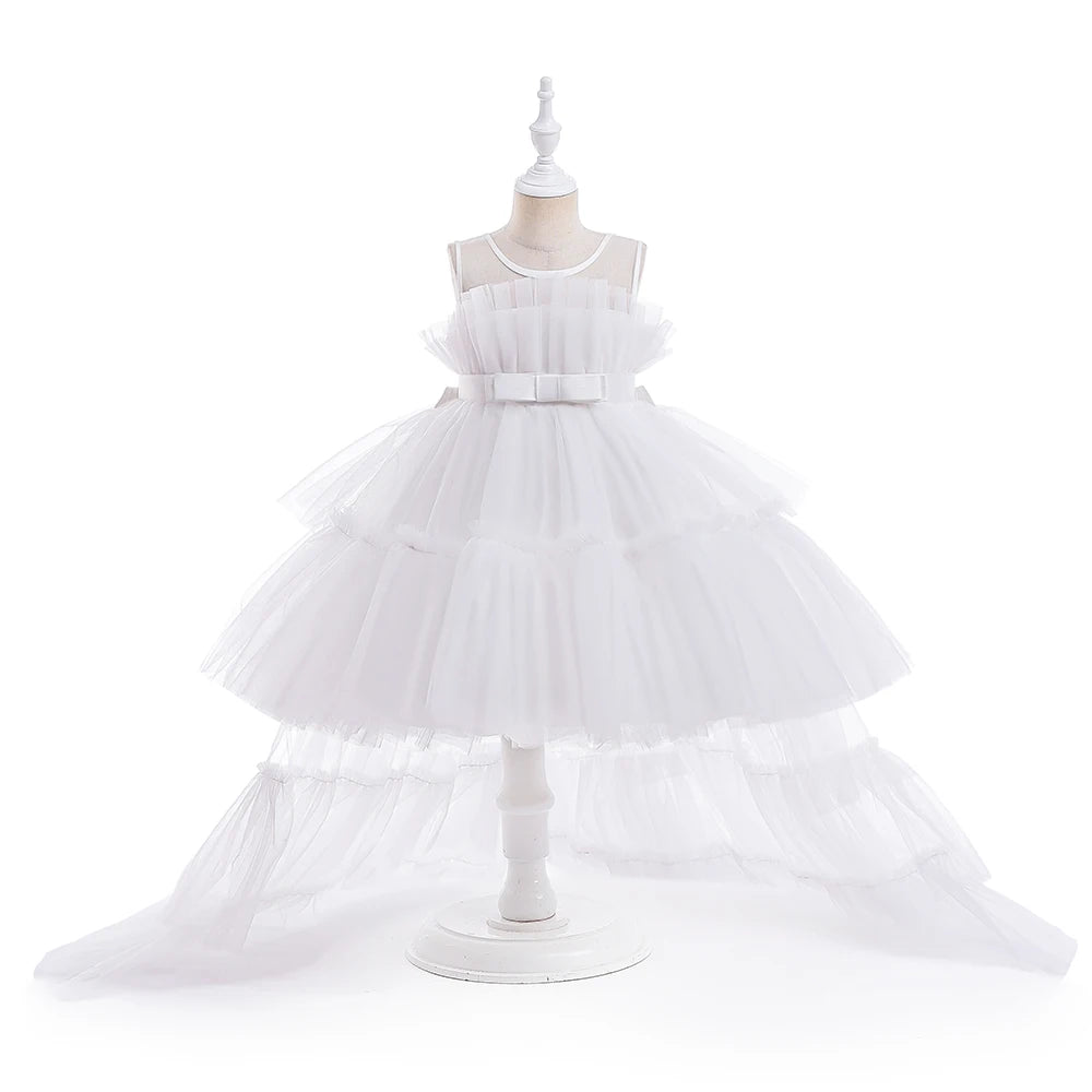 Elegant Kids Girl Trailing White Bridesmaid Dresses Puffy Tulle Birthday Princess Party Dress For Girls Wedding Children Costume