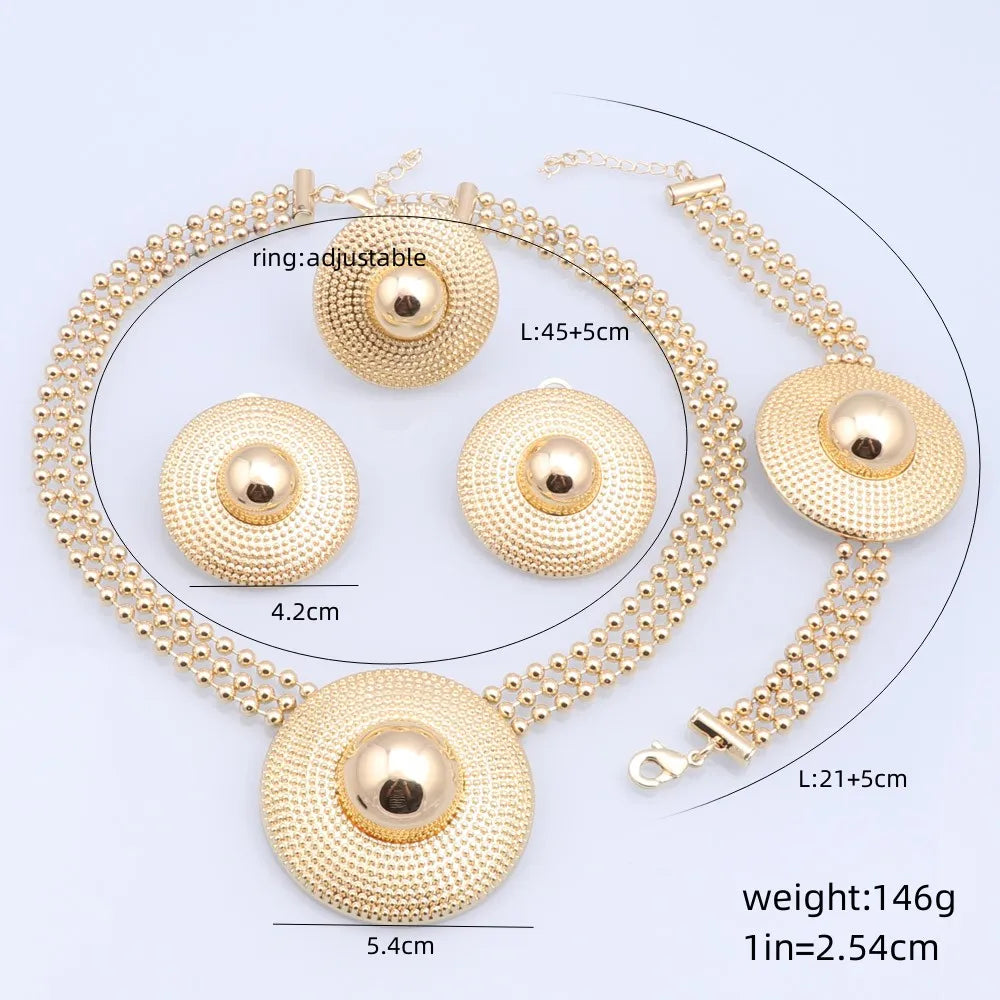 Dubai Gold Color Jewelry Set Women Luxury Design Round Pendant Necklace Earrings Bracelet Ring Wedding Party Accessories