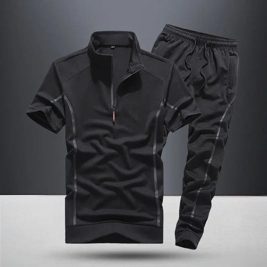 Men's Summer Short Sleeve Suit Casual Zipper Pullover Loose Sports Trousers Two Piece Suits Contrasting Colors Comfortable Sets