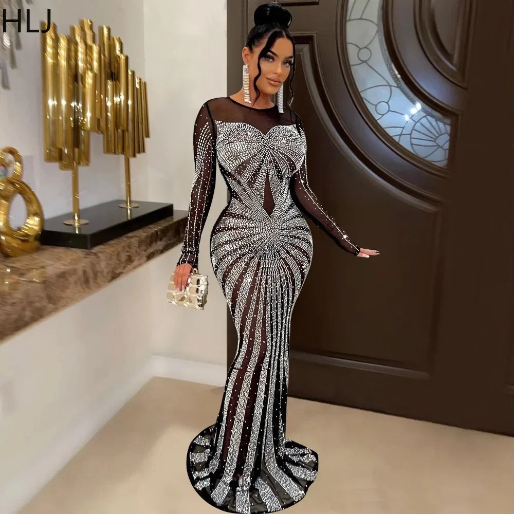 HLJ Fashion Luxury Rhinestone Mesh Perspective Evening Party Dresses Women Round Neck Long Sleeve Patchwork Floor Dress Vestidos