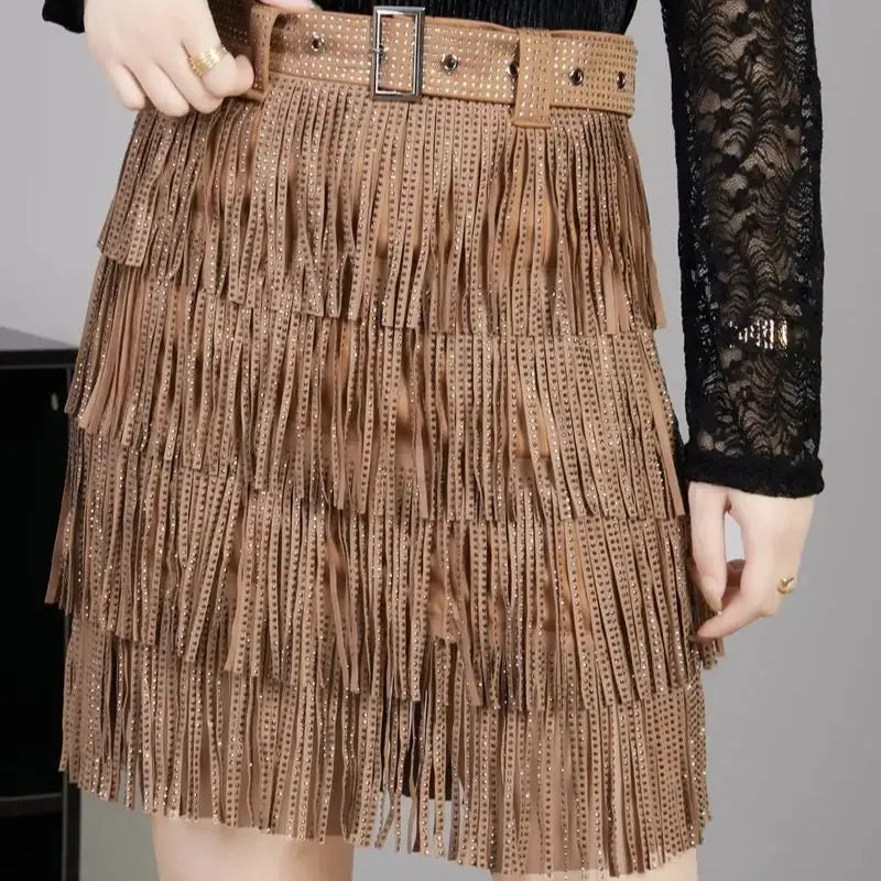 Women Skirt Fashion 2024 New Autumn High Waist Belt Multi Layer Short  Heavy Drilling Rhinestones Fringed Skirt with Cake A Line