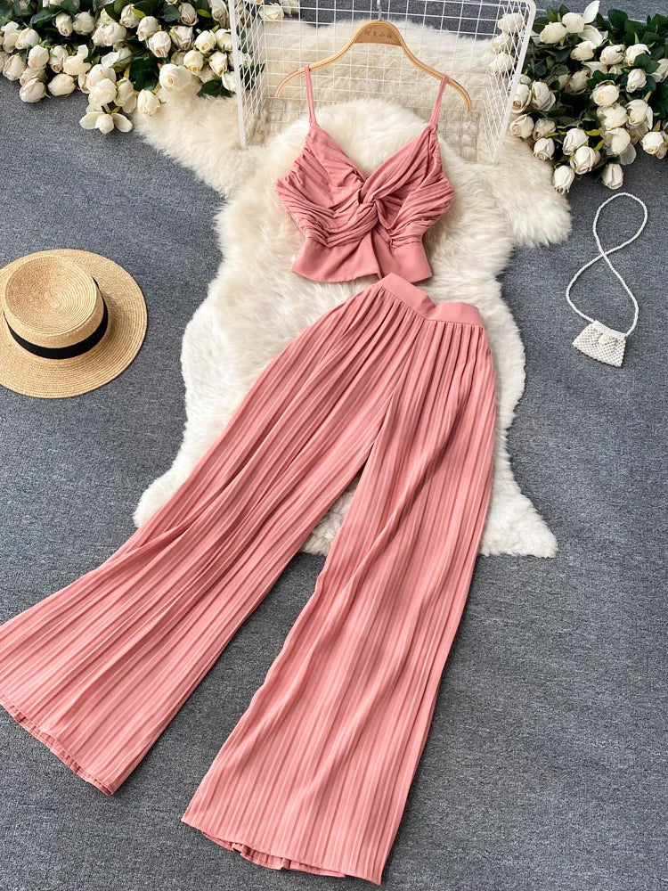 Summer Women Solid Sexy Holiday Pants Suit Female Spaghetti Strap Tops & High Waist Long Pants Two Piece Set