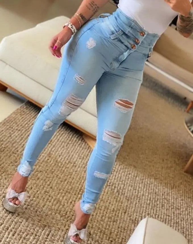 Women's Jeans 2022 Trend Autumn Fashion High Waist Buttoned Cutout Ripped Casual Skinny Plain Pocket Design Daily Long Jeans