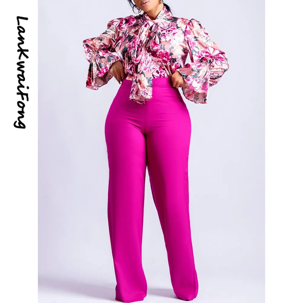 LKF 2023 New 2 Piece Women's Flower Print Top Shirt Pants Suit Sexy Casual Commuter Elegant Clothing Lace-up Wide-leg Pants