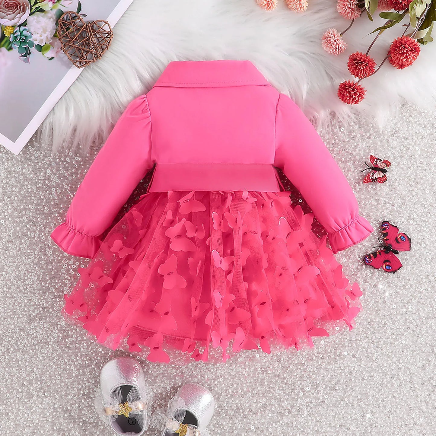 Newborn Suit Dress Flowers Mesh Butterfly Fashion Party Little Princess Baby Dress Christmas Birthday Gift Lapel Kids Clothes