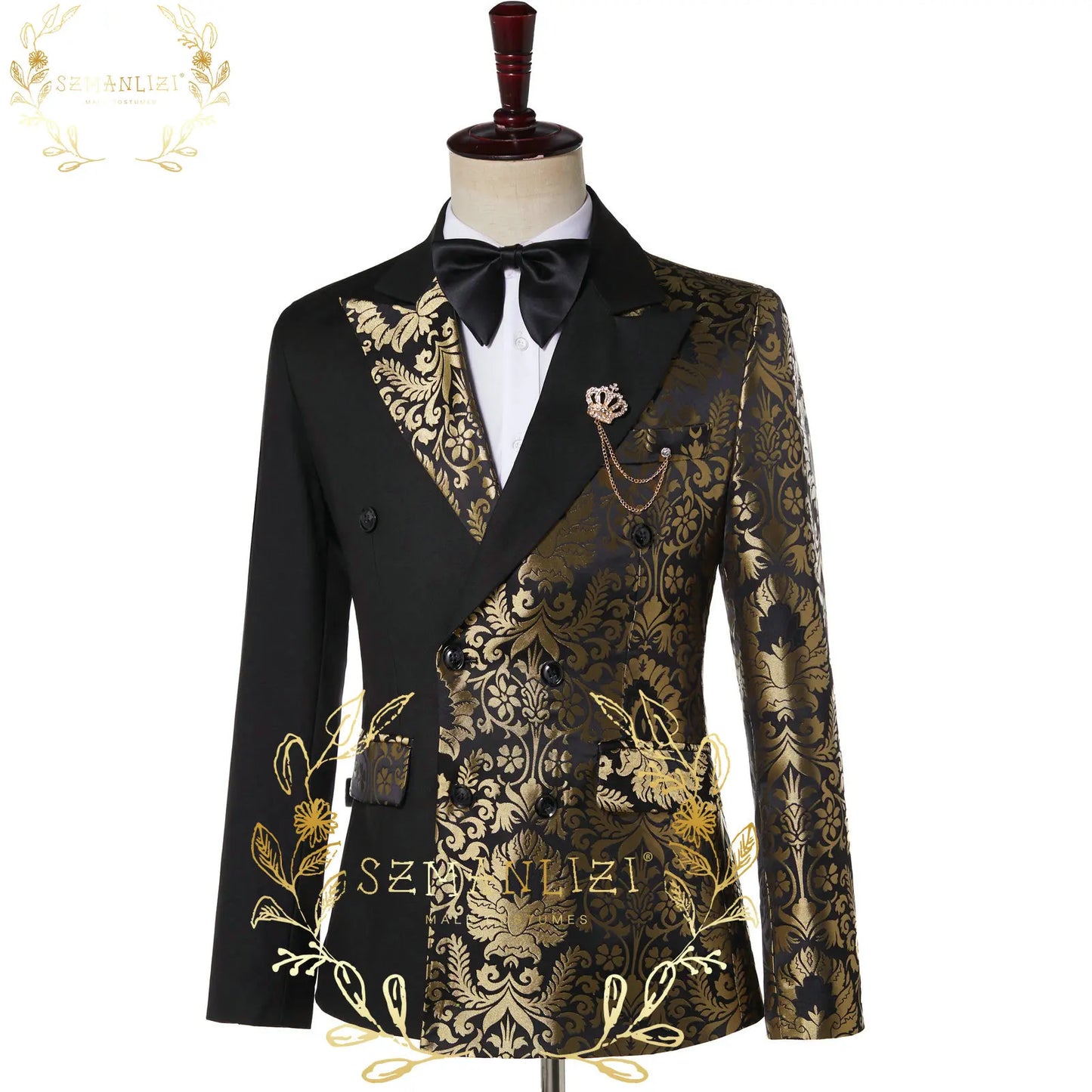 SZMANLIZI Double Breasted Black Gold Floral Jacquard Slim Fit Mens Suits Wedding Groom Tuxedos Party Jacket Pant Terno Masculino