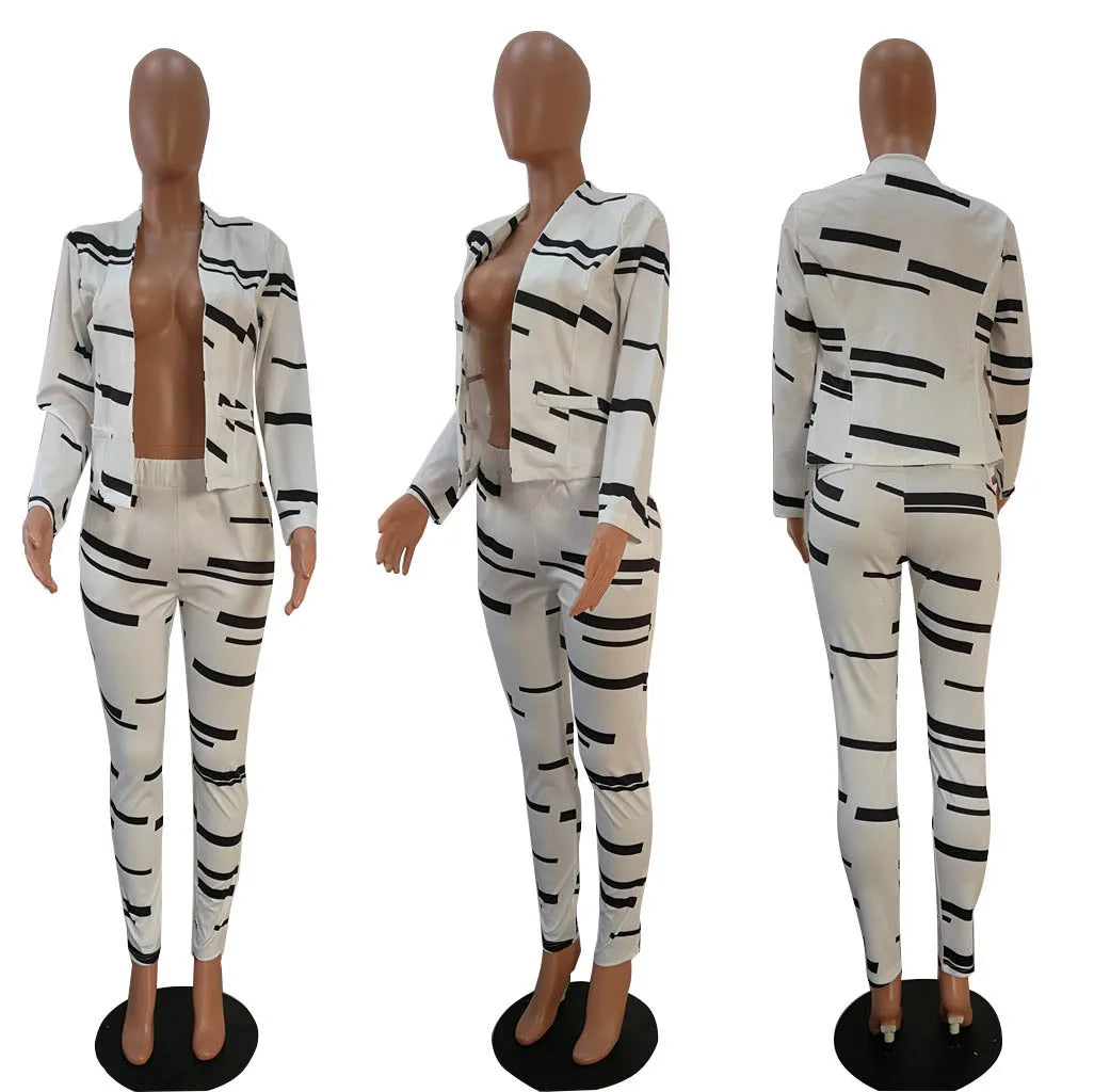 Women 's Fashion Black & White Striped Print Shoulder Jacket + Pants Two - piece Set