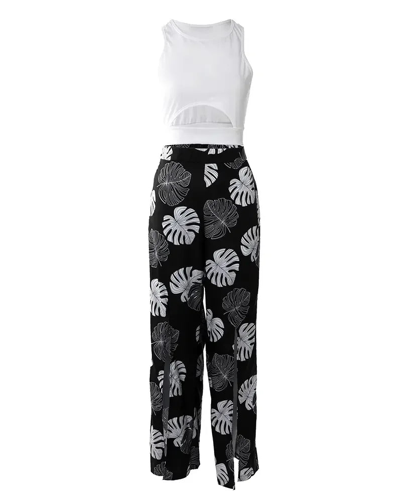 Summer Suit Women Solid Cut-out Tank Top & Tropical Print Split Wide Leg Pants Set