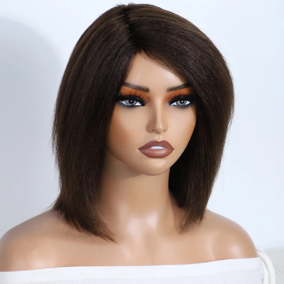 Lekker Short Kinky Straight Bob Glueless Ready to Wear Human Hair Wigs For Women Brazilian Remy Hair Natural Brown 12" Bob Wigs