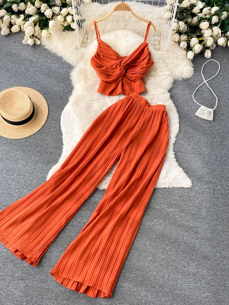 Summer Women Solid Sexy Holiday Pants Suit Female Spaghetti Strap Tops & High Waist Long Pants Two Piece Set