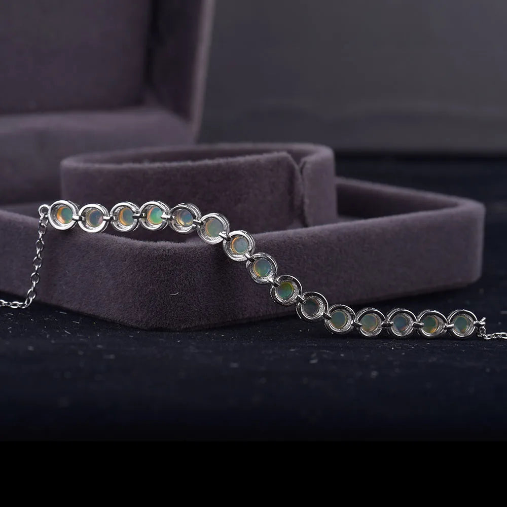 ITSMOS Natural Blue Green Opal Silver Bracelet s925 Sterling Silver Pendant Round Bangle Classic Jewelry for Women Special Gift