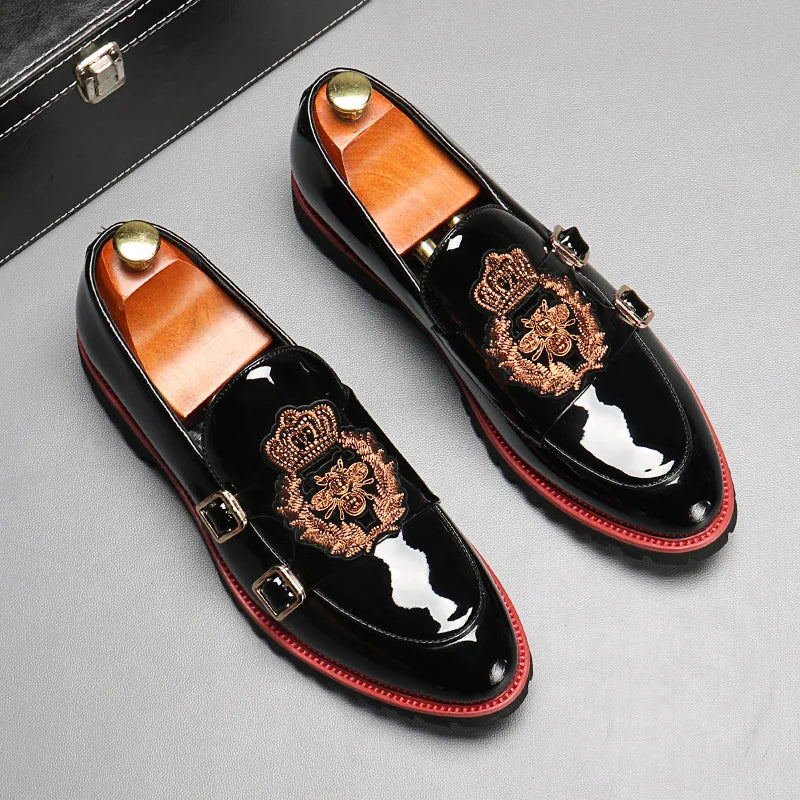 Man Double Monkstrap Embroidery Loafers Shoes Comfortable Moccasins For Men Sequins Bling Nighclub Party British Style