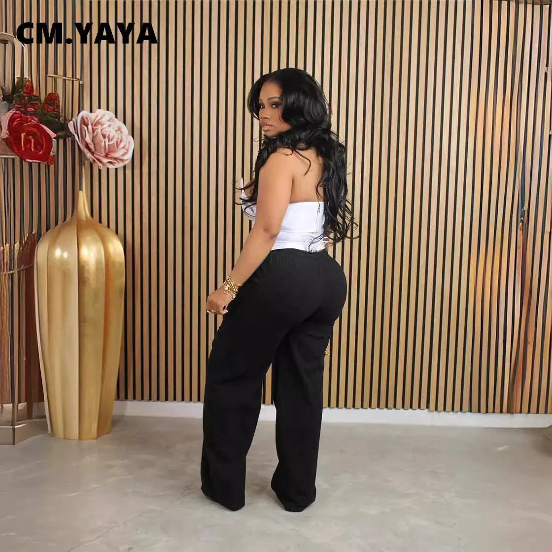 CM.YAYA Women Fashion Pocket Side Straight Wide Leg Safari Style Pants 2024 Drawstring Summer Velvet Zipper Fly Cargo Trousers