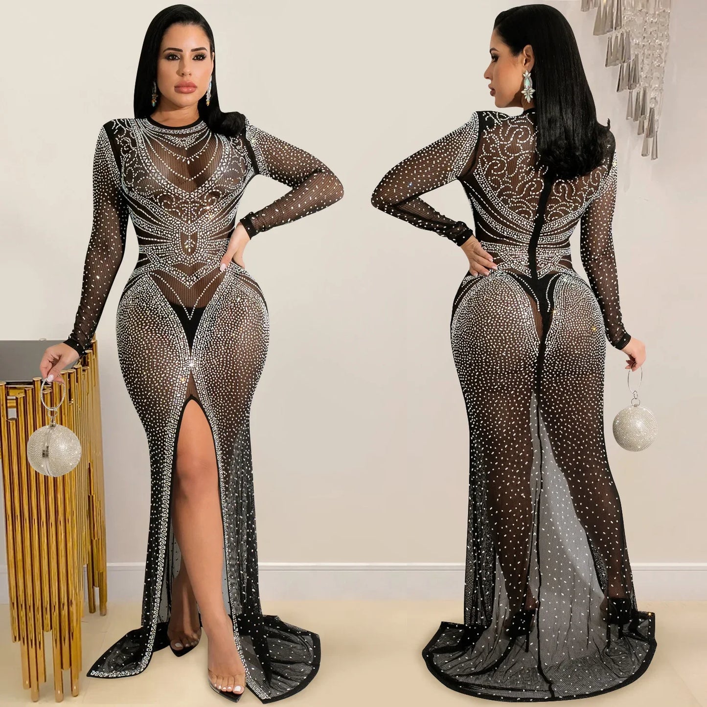 Autumn Winter Fashion Elegant Evening party luxury Long Dress Women's Net Gauze Perspective Long Sleeve Slit Nightclub Dress